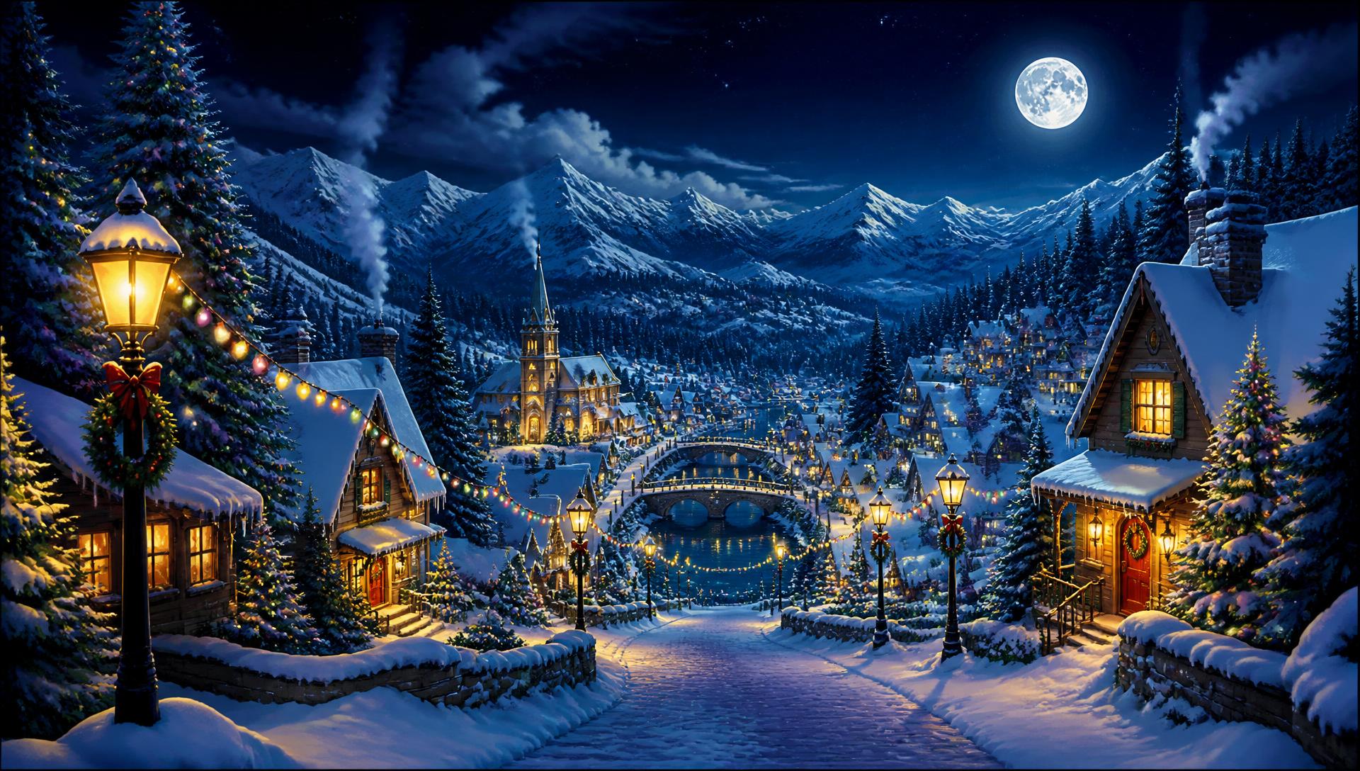 Snowy Christmas village at night